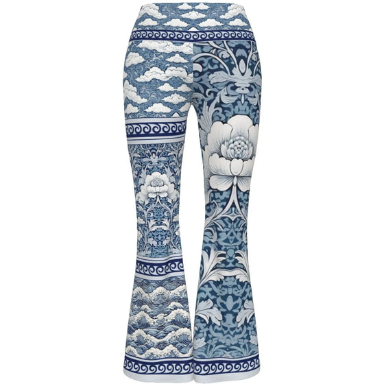 Blue & White Floral Textile Women's Flare Yoga Pants