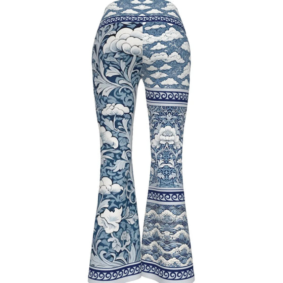 Blue & White Floral Textile Women's Flare Yoga Pants