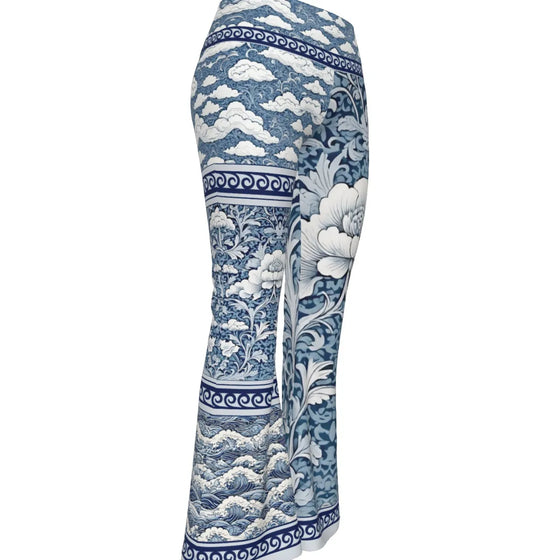 Blue & White Floral Textile Women's Flare Yoga Pants