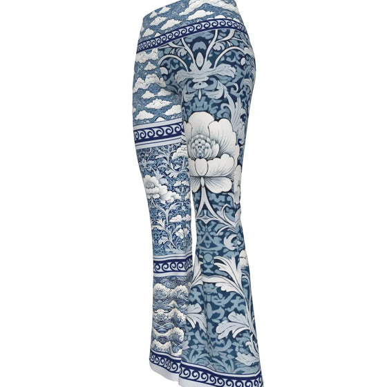 Blue & White Floral Textile Women's Flare Yoga Pants