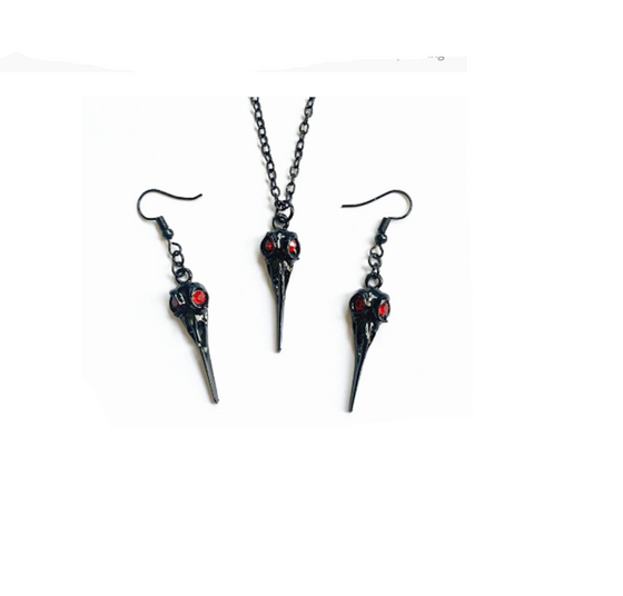 Black Raven Skull Red Eyes Jewelry Set
