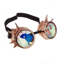  Rose gold kaleidoscope spike goggles with black straps and multicolored lenses.