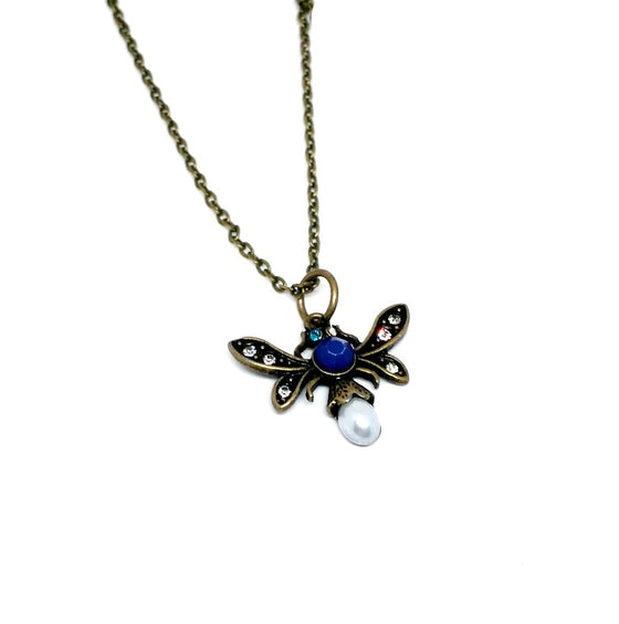 Pearl Rhinestone Flying Insect Necklace