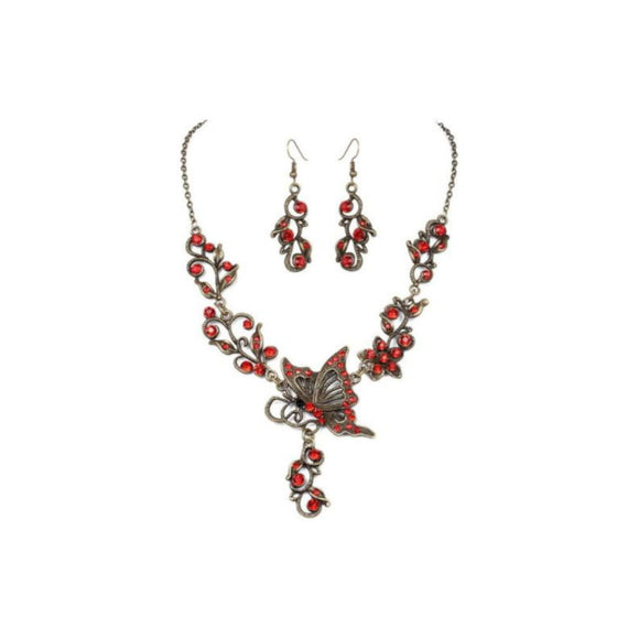 Butterfly Necklace Set Red And Brass