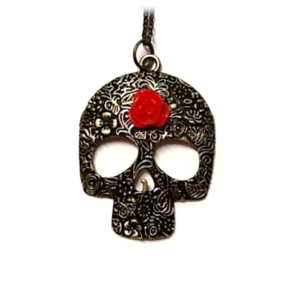 Sugar Skull Red Rose Necklace