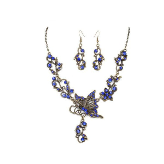 Butterfly Necklace Set Blue And Brass