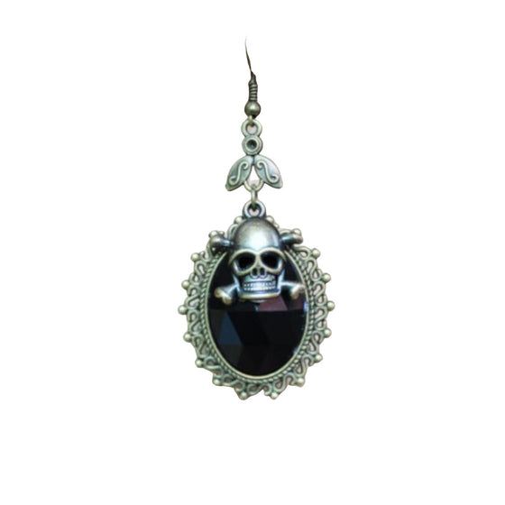 Black Jewel With Brass Skull And Bones Earrings