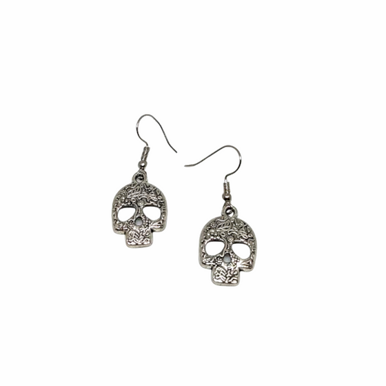Ornate Silver Sugar Skull Earrings