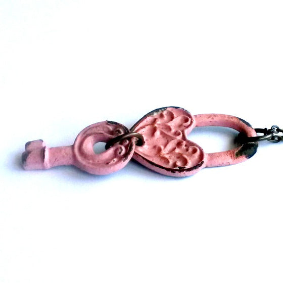 Pink Heart Lock and Key Necklace