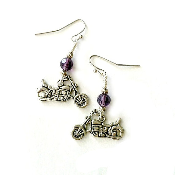 Purple Motorcycle Dangle Earrings