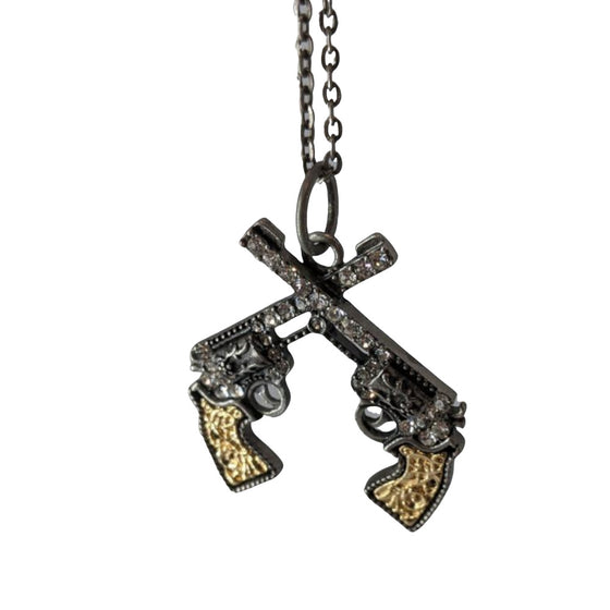 Rhinestone Crossed Pistol Necklace