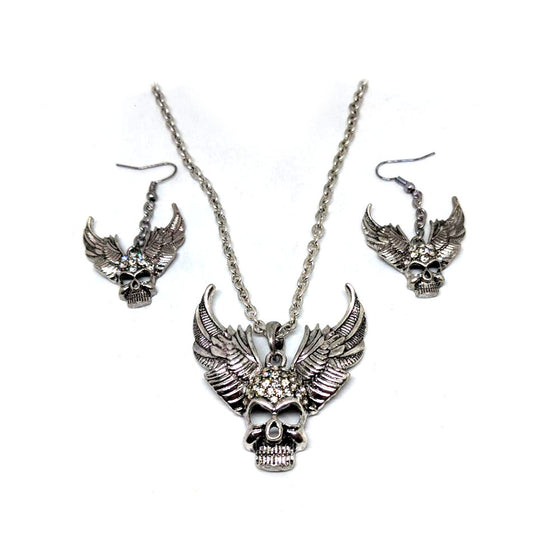 Rhinestone Skull Wing Necklace Set