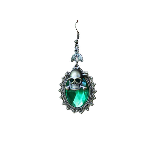 Green Jewel With Brass Skull And Bones Earrings