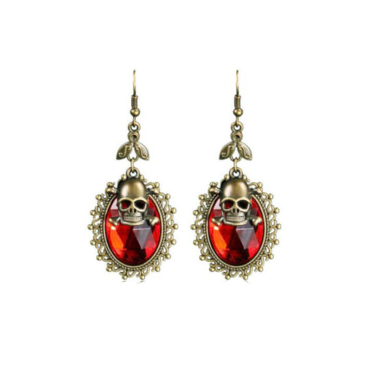 Red Jewel With Brass Skull And Bones Earrings